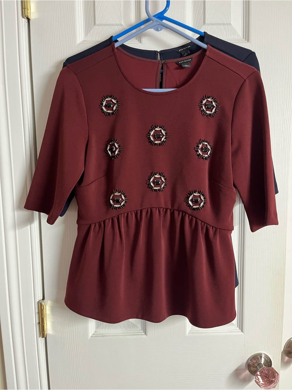 Ann Taylor Burgundy Embellished Peplum Top